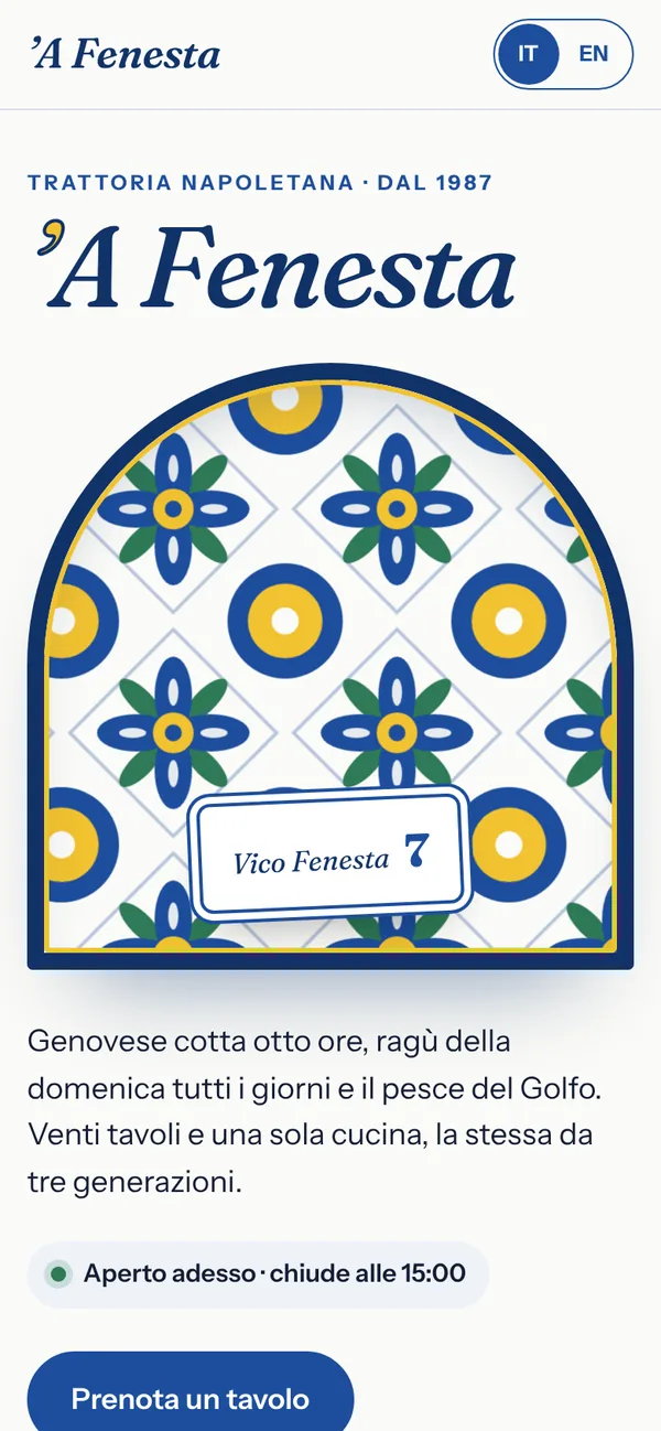 Il sito demo della Trattoria ’A Fenesta su telefono